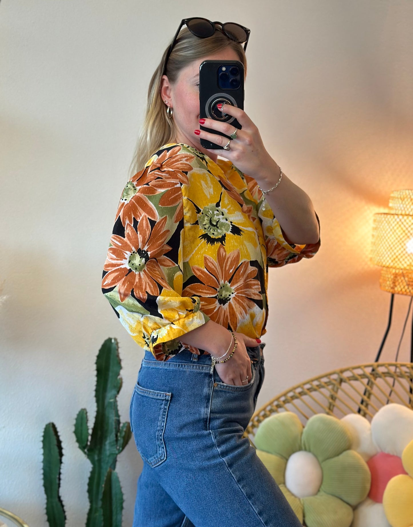 Chemise jaune imprimée fleurs, modèle vintage, T.U