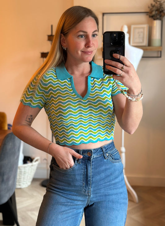 Top maille bleu blanc vert col V T.34/36