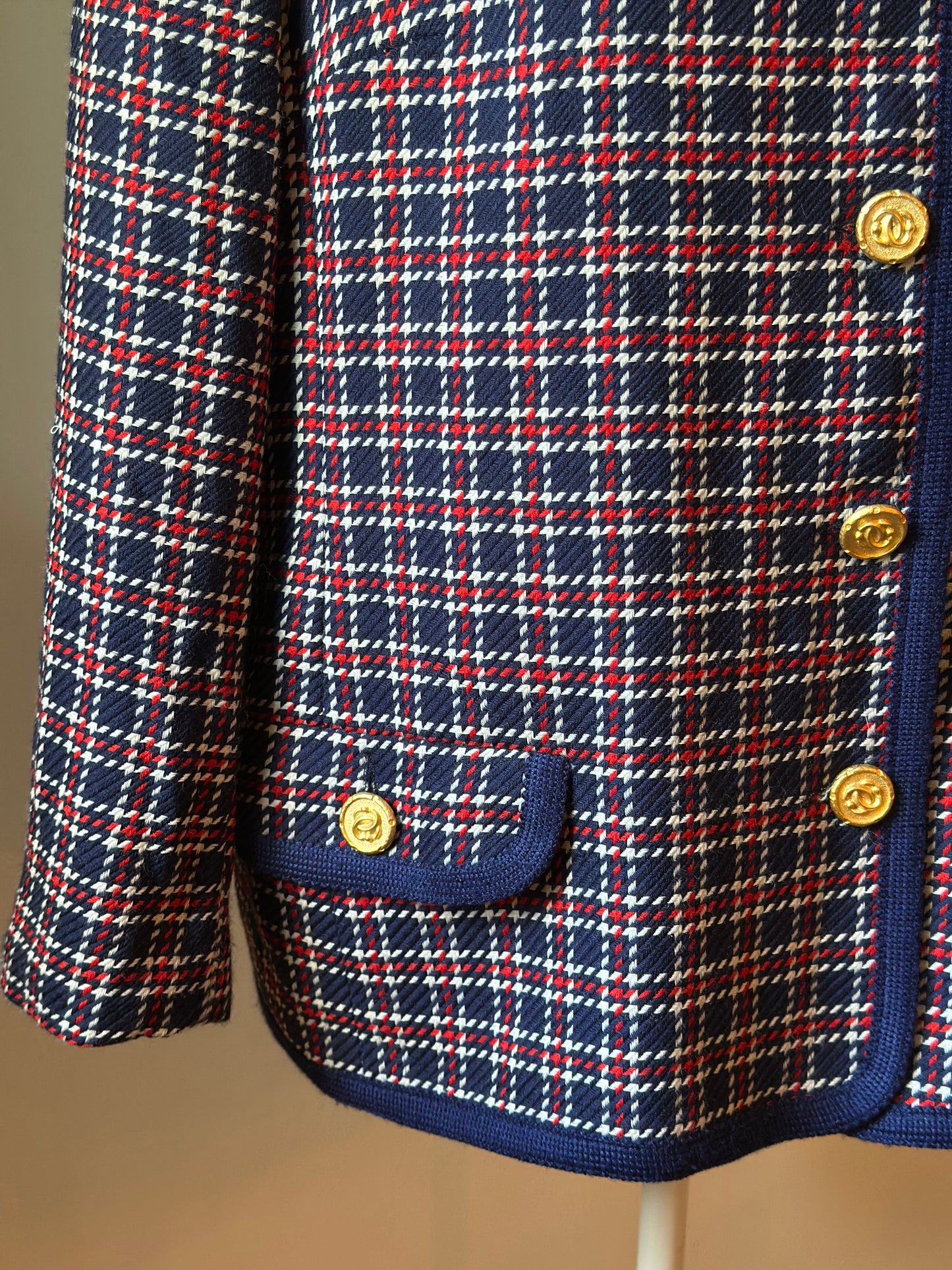 Veste vintage laine à carreaux bleu marine rouge et blanc T.42
