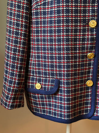 Veste vintage laine à carreaux bleu marine rouge et blanc T.42
