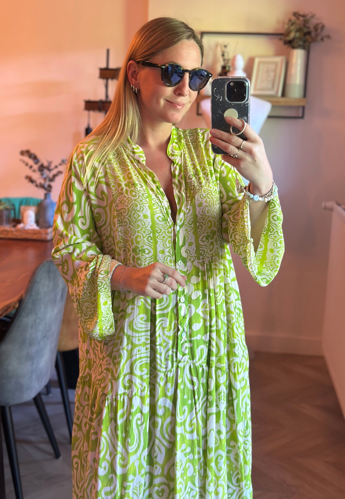 Robe longue bohème imprimé vert et blanc T.U