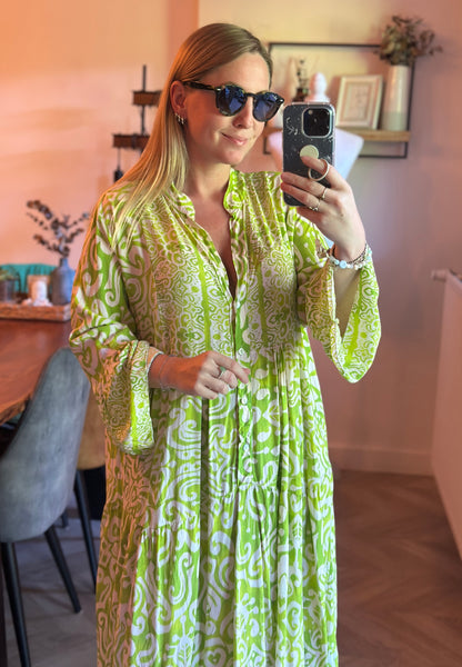 Robe longue bohème imprimé vert et blanc T.U