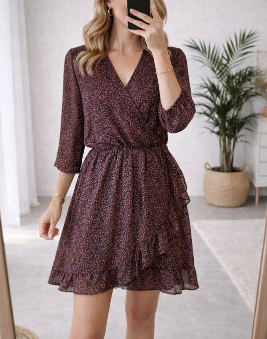 Robe portefeuille imprimée bordeaux et noir T.36