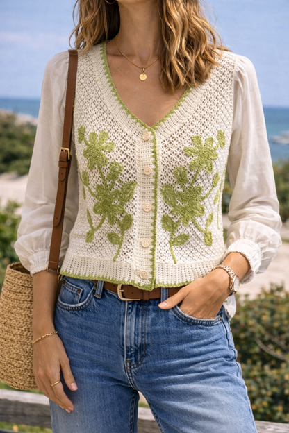 Top cardigan au crochet fleuri vert clair T.36