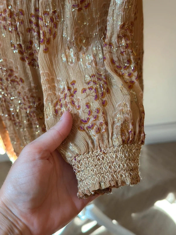 Robe midi imprimé fleuri beige nude et lurex doré taille 34