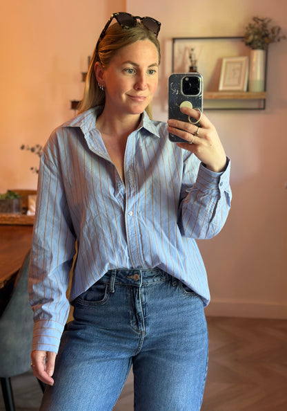 Chemise rayée bleu ciel et camel en coton bio T.34 oversize