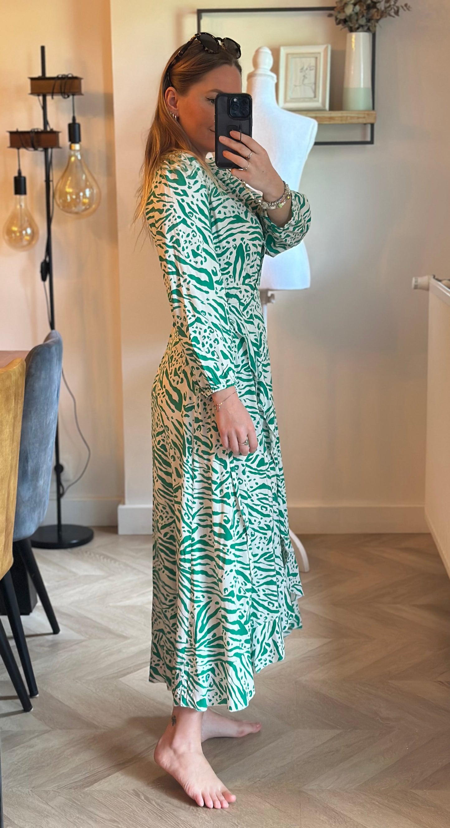 Robe portefeuille imprimée verte & écru T.36