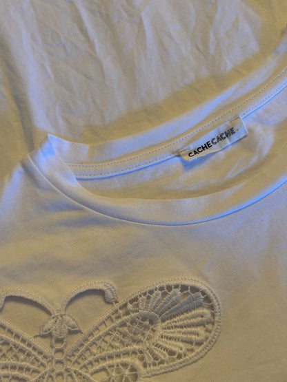 T-shirt manches courtes blanc brodé papillon en coton T.40 oversize