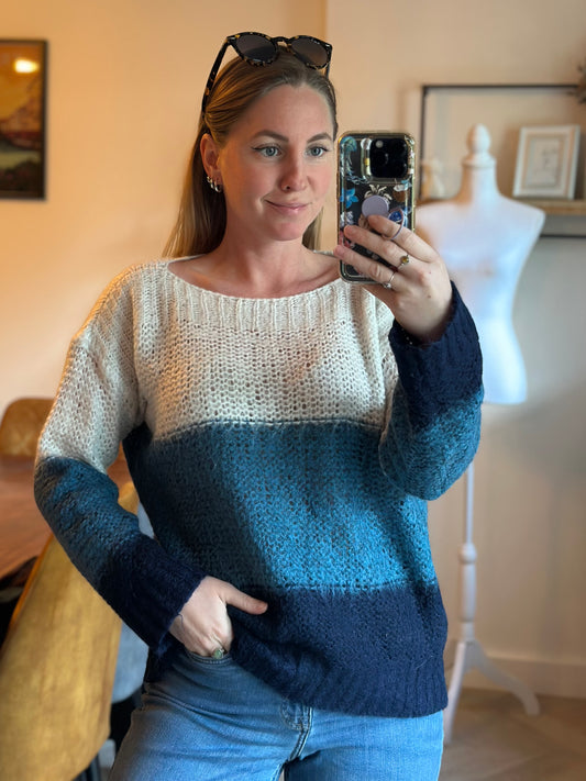 Pull dégradé bleu et écru en laine mélangée T.38