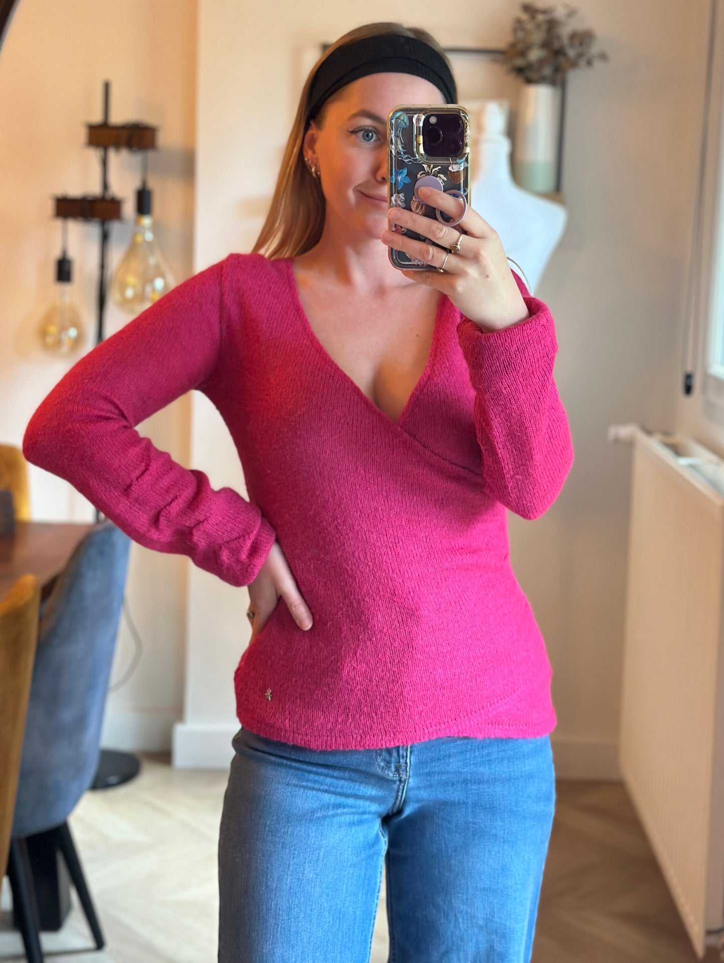 Pull maille fine mohair rose col cache-cœur T.36