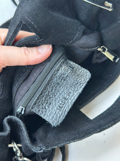 Sac à franges daim noir cuir Italie – bandoulière amovible