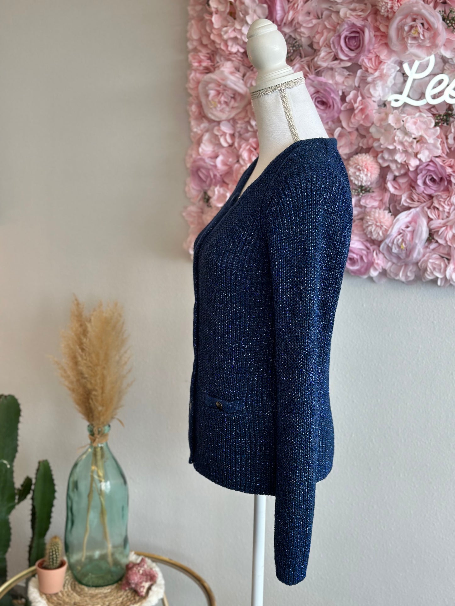 Cardigan en maille bleu avec lurex argenté T.36