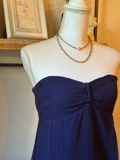 Robe longue bustier en gaze de coton bleu marine T.38