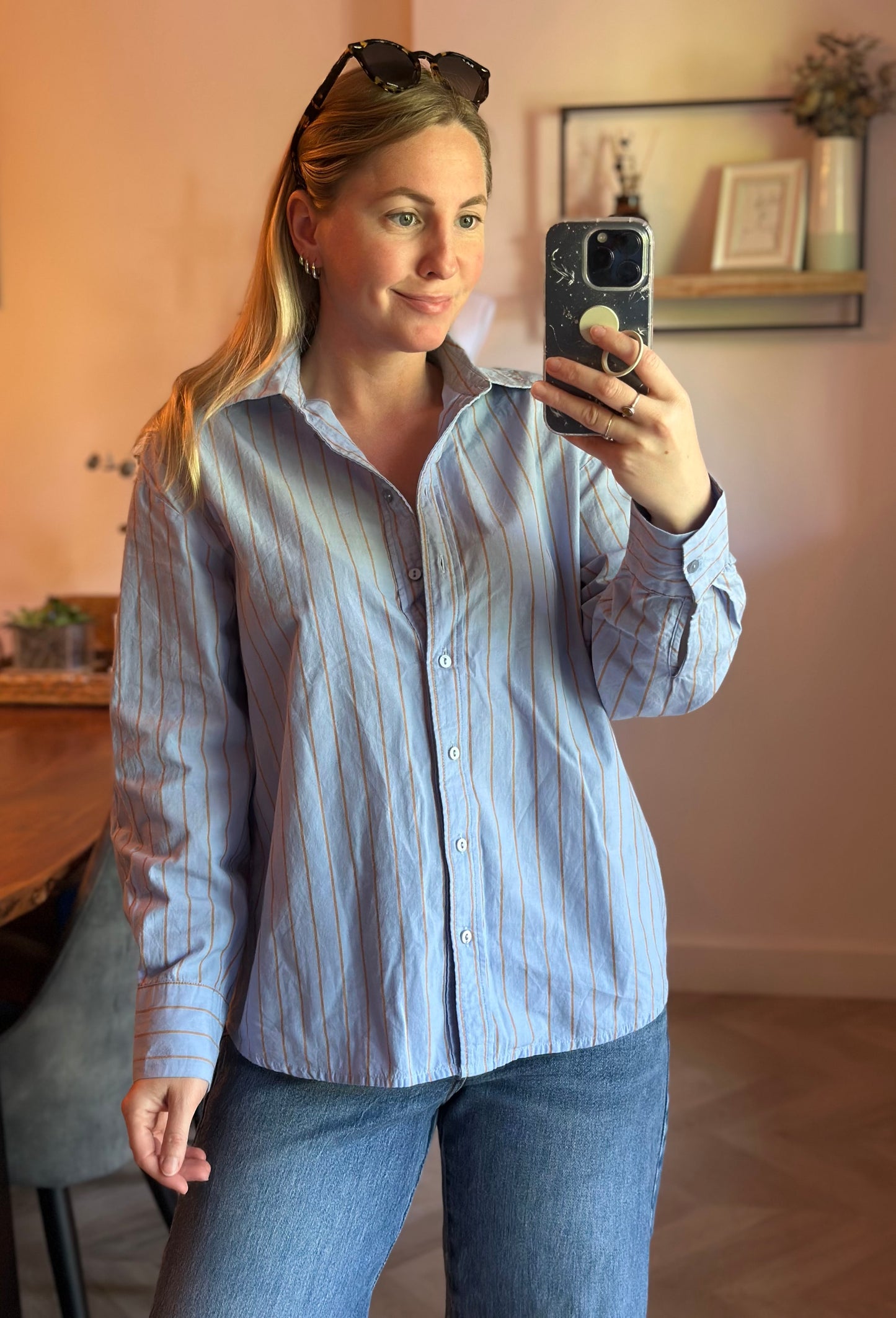 Chemise rayée bleu ciel et camel en coton bio T.34 oversize