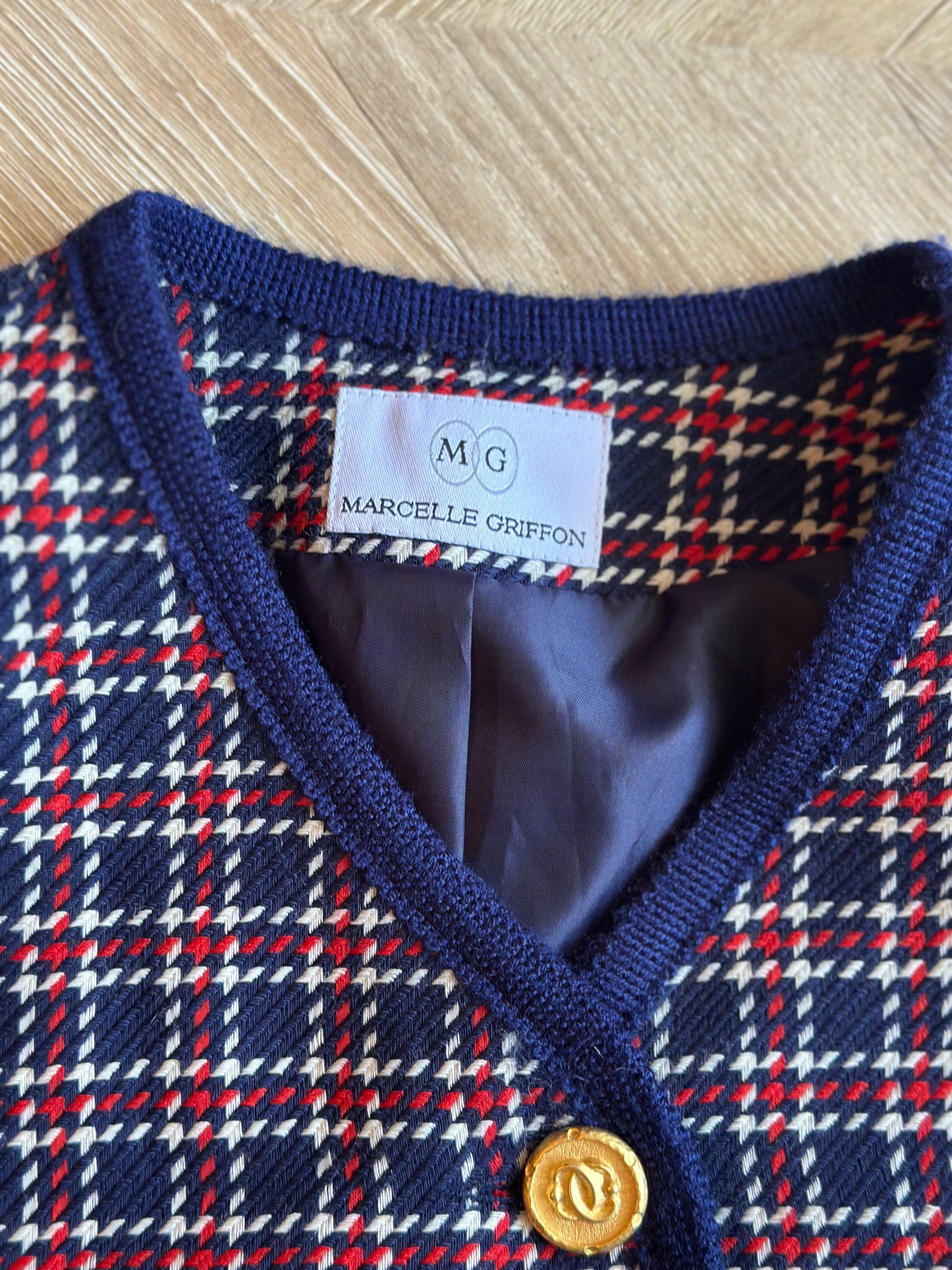 Veste vintage laine à carreaux bleu marine rouge et blanc T.42