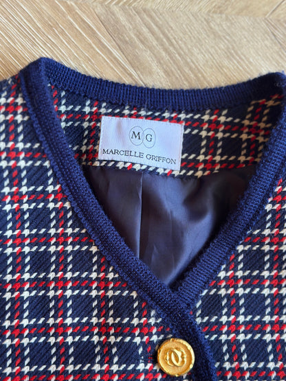 Veste vintage laine à carreaux bleu marine rouge et blanc T.42