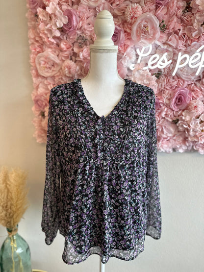 Blouse noire à motifs fleuris lilas T.38