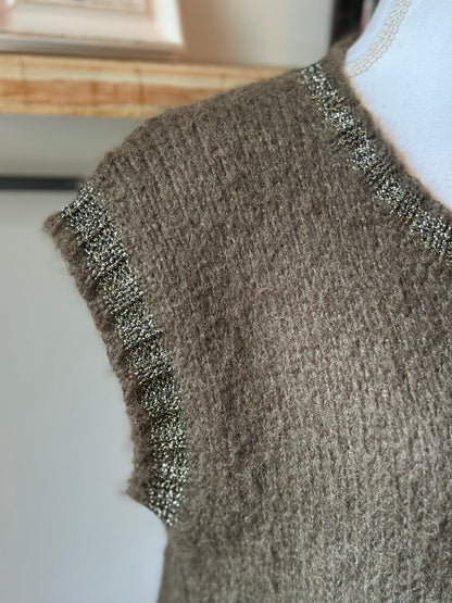 Pull sans manches maille duveteuse laine kaki T.36/38 oversize