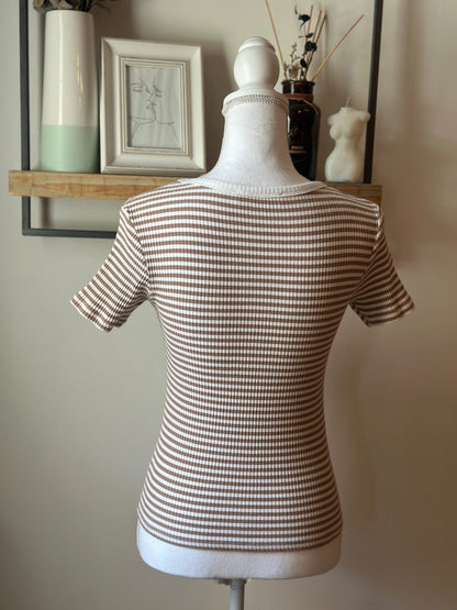 T-shirt côtelé rayé beige et écru T.36