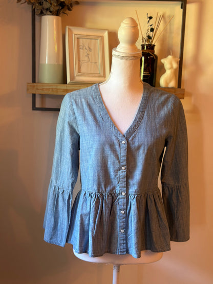 Blouse péplum en coton effet chambray T.34 neuve sans étiquette