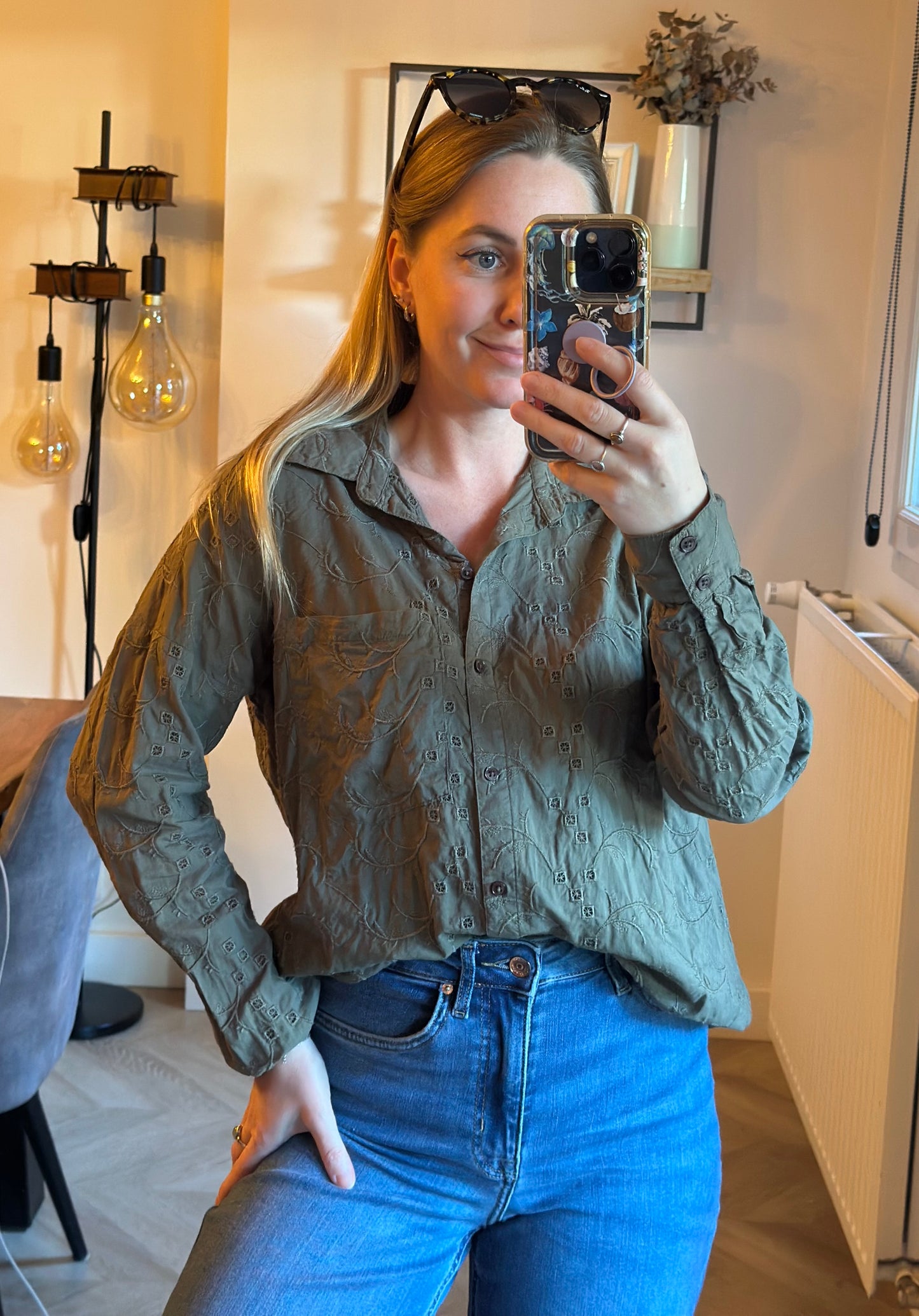 Chemise brodée kaki coton T.36 oversize