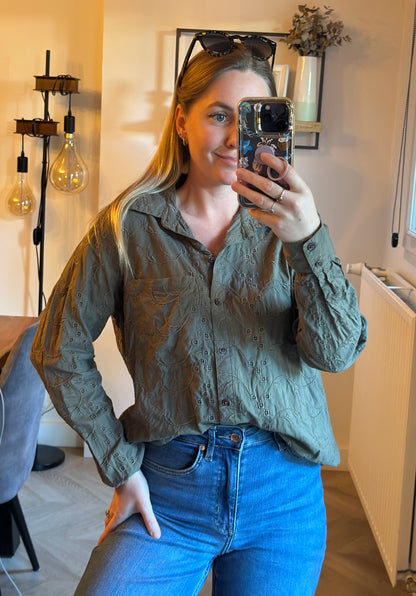 Chemise brodée kaki coton T.36 oversize