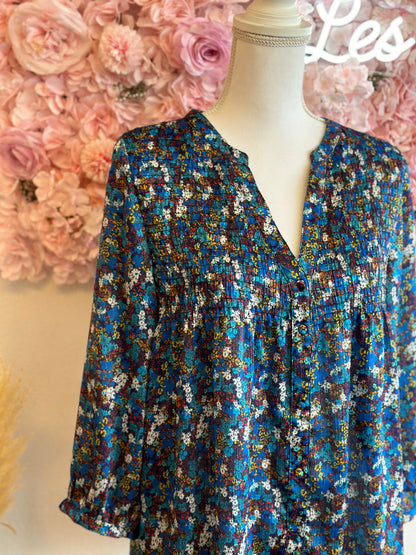 Blouse satinée bleue imprimée fleurs bohème, T.38