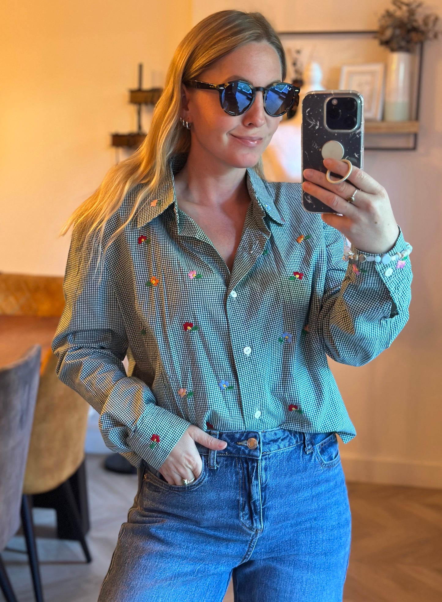 Chemise vintage vichy vert à fleurs brodées – Fabriquée en France T.U