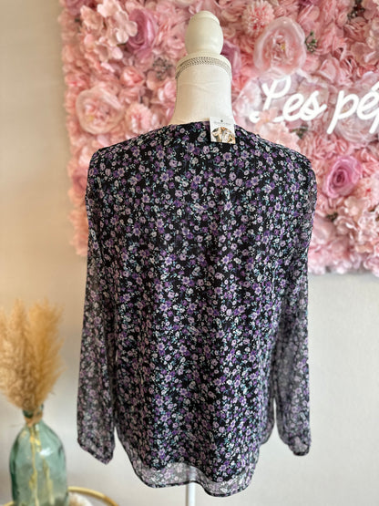 Blouse noire à motifs fleuris lilas T.38