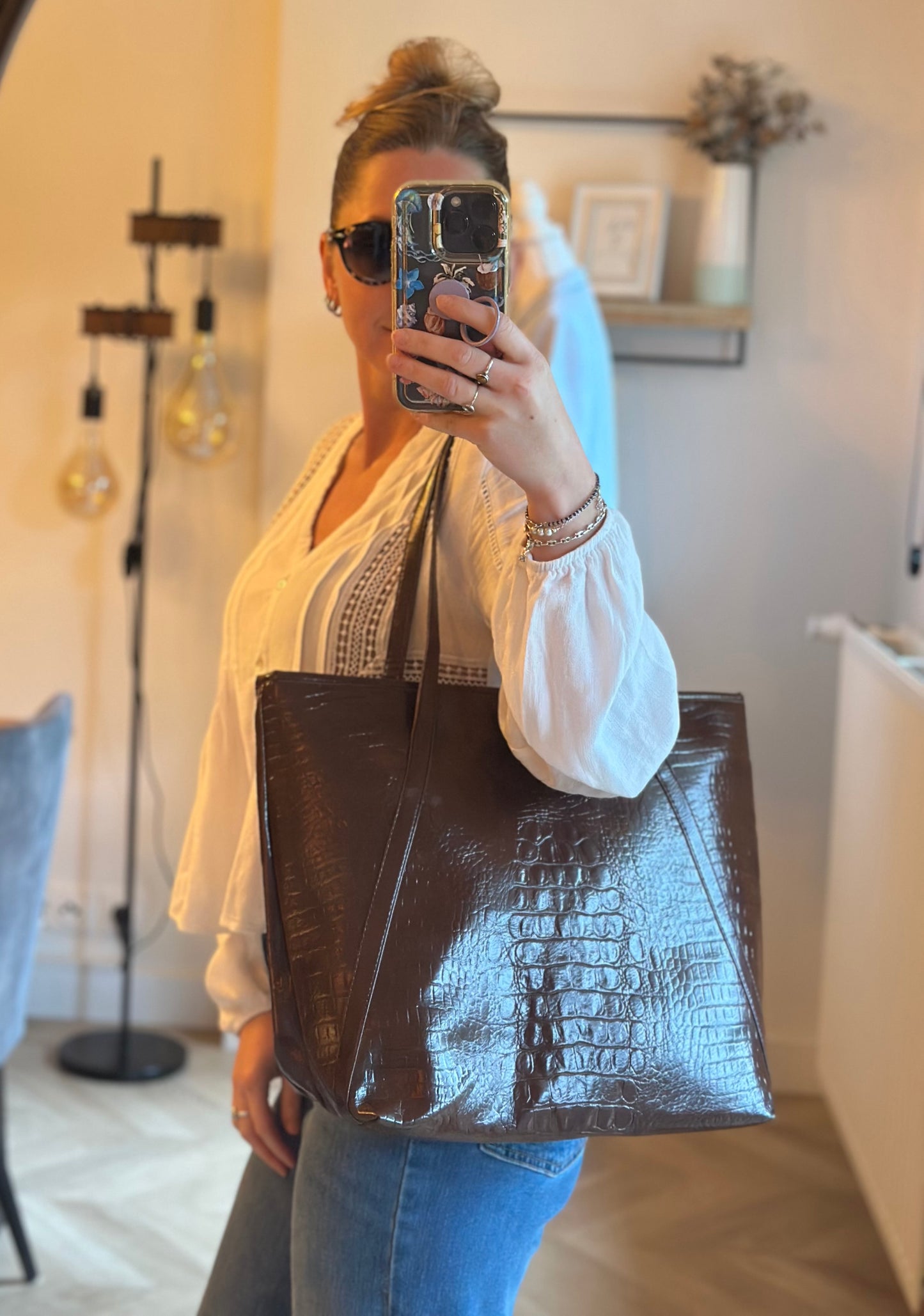 Grand sac cabas effet croco marron