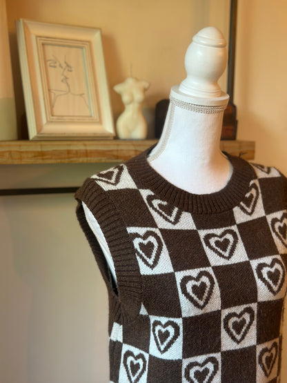 Pull sans manches à carreaux cœur T.36