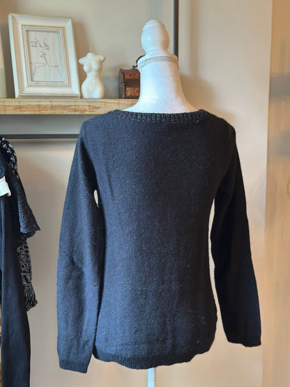 Pull noir maille texturée liseré doré laine et mohair T.36
