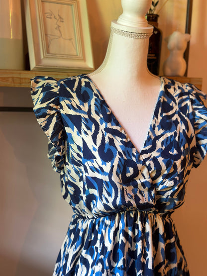 Robe fluide imprimé bleu volantée T.36/38