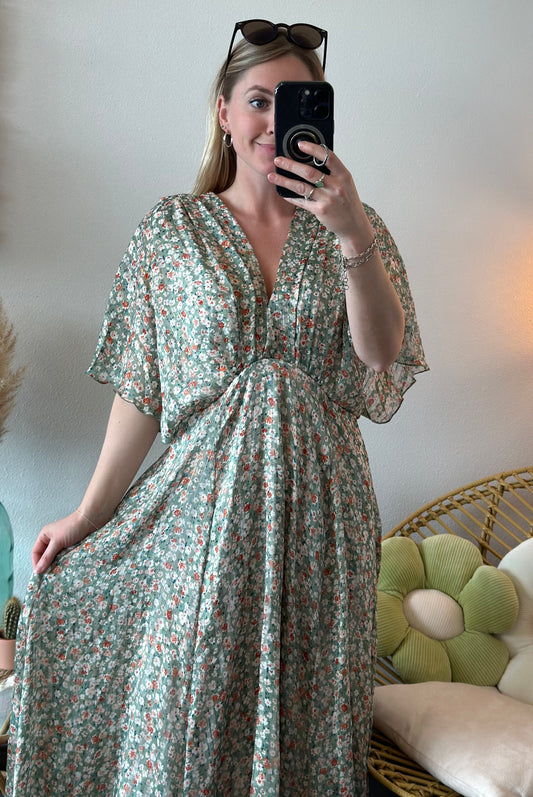 Robe longue imprimée fleurs vert clair et lurex argenté T.36/38