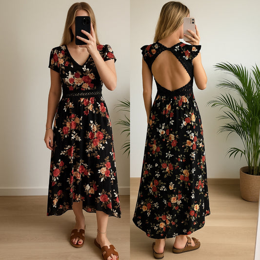 Robe longue fleurie dos nu détails dentelle T.36