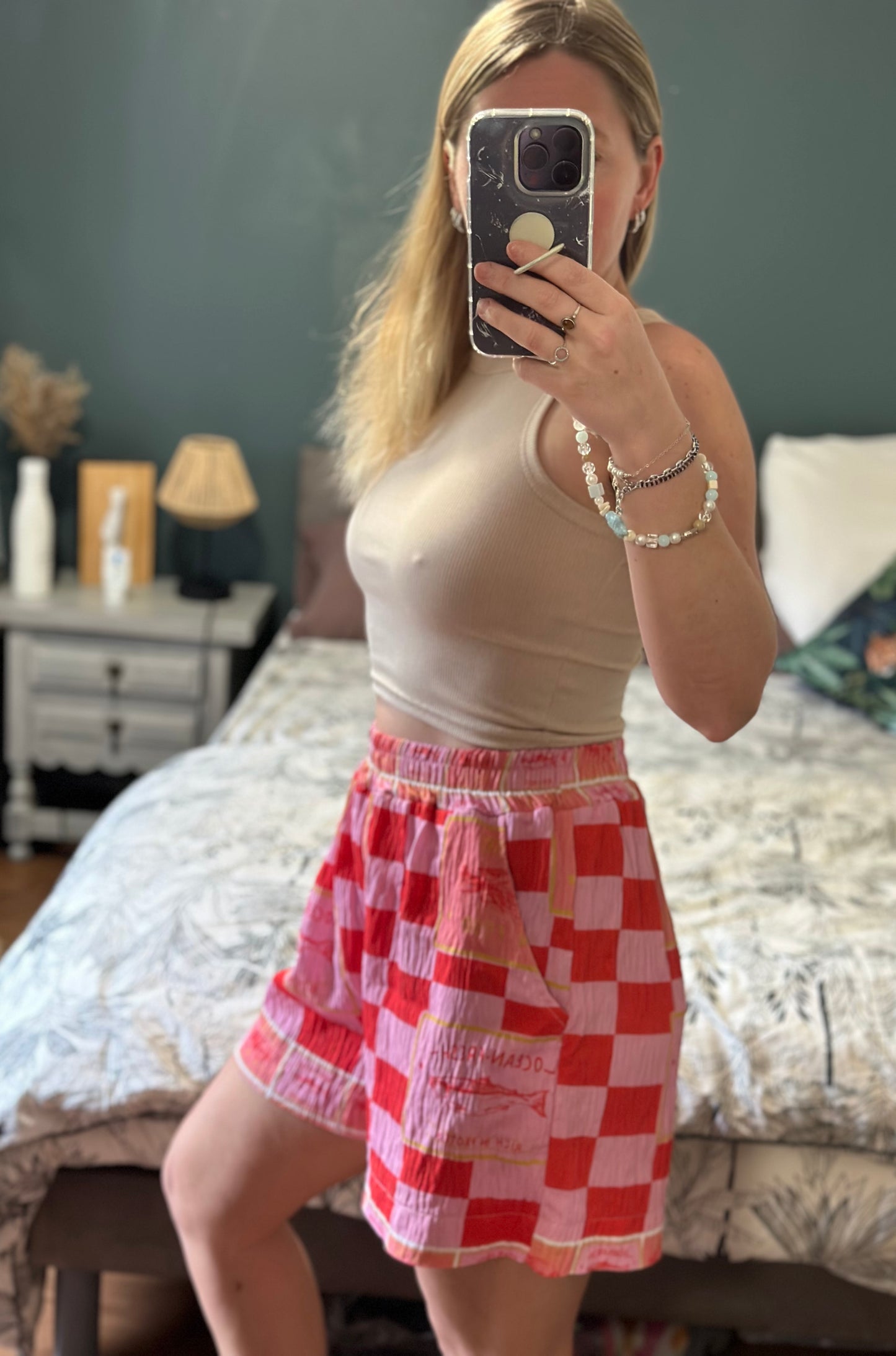 Short fluide imprimé carreaux rouge et rose viscose T.U