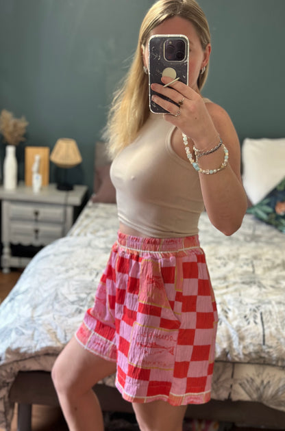 Short fluide imprimé carreaux rouge et rose viscose T.U