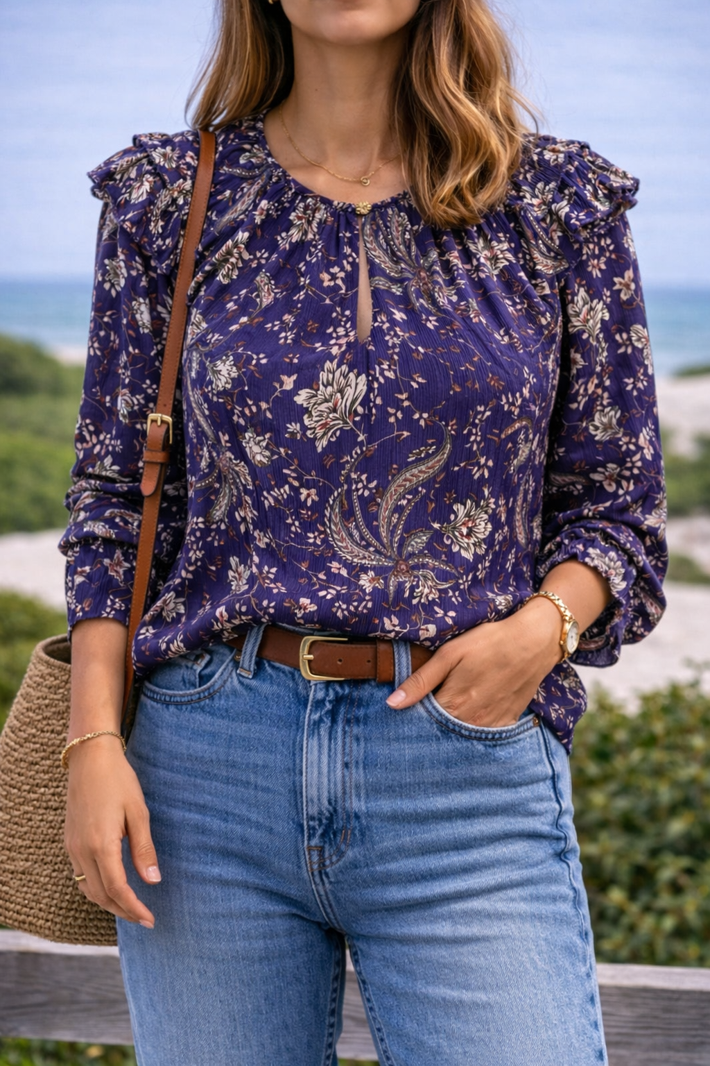 Blouse fleurie volants violet T.42