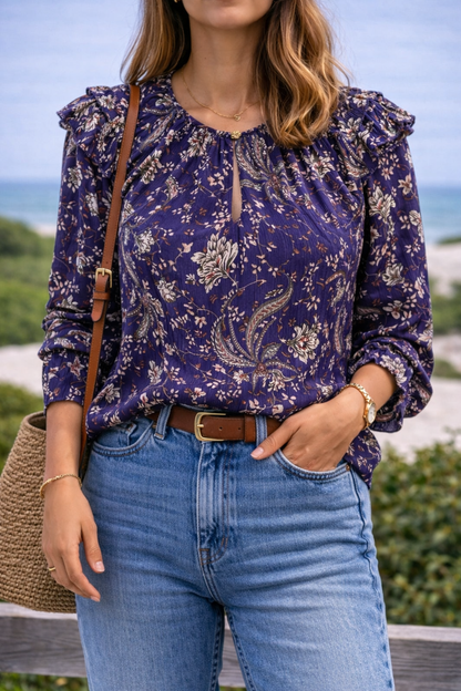 Blouse fleurie volants violet T.42