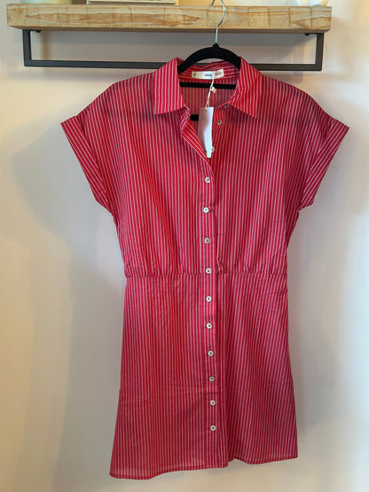Robe chemise rayée rouge coton lyocell T.34 neuf avec étiquette