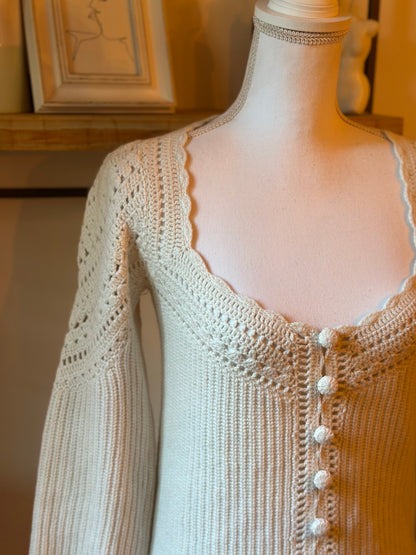 Pull Moira maille ajourée écru en laine mérinos et coton bio T.36