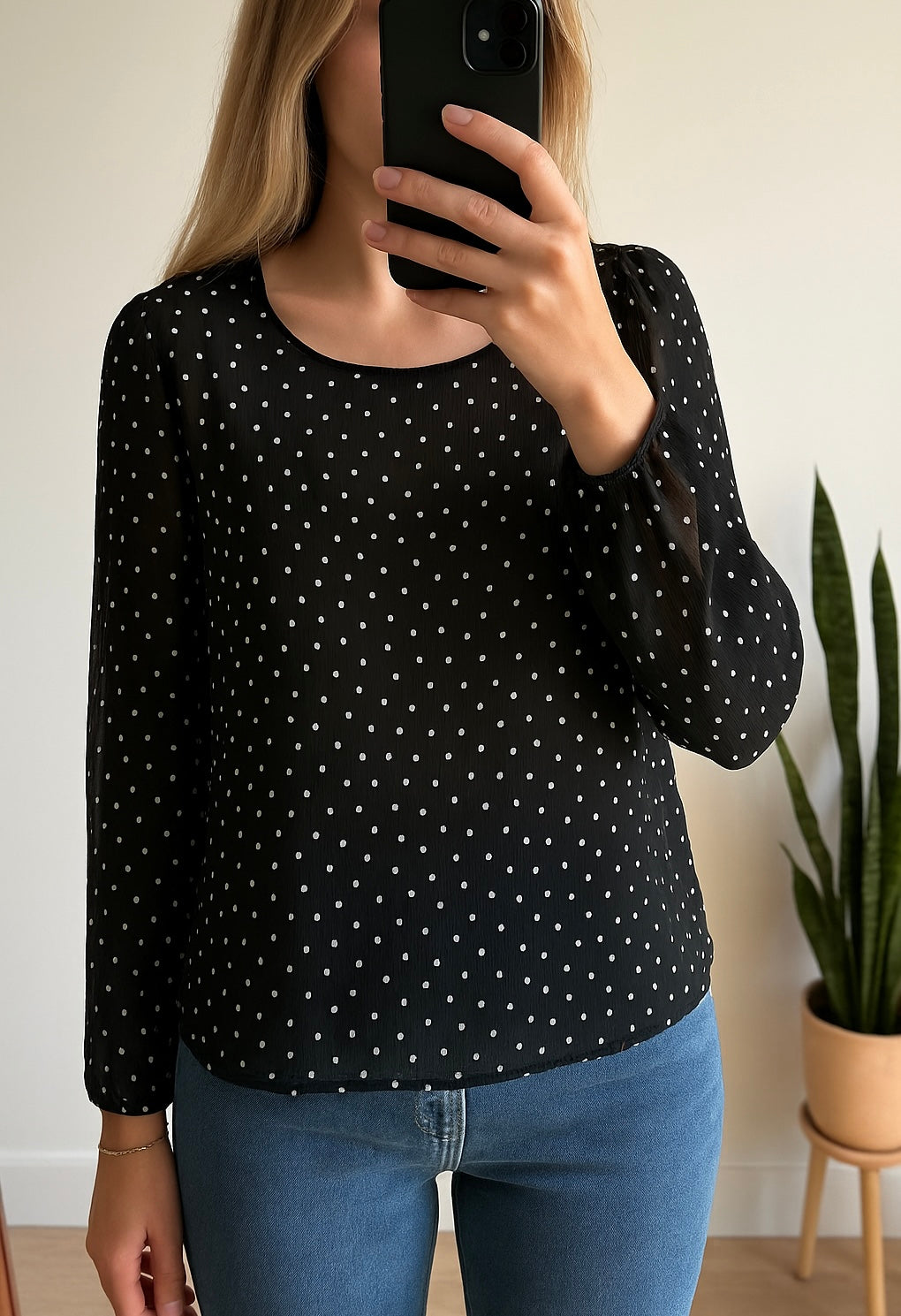 Blouse noire à pois blancs T38