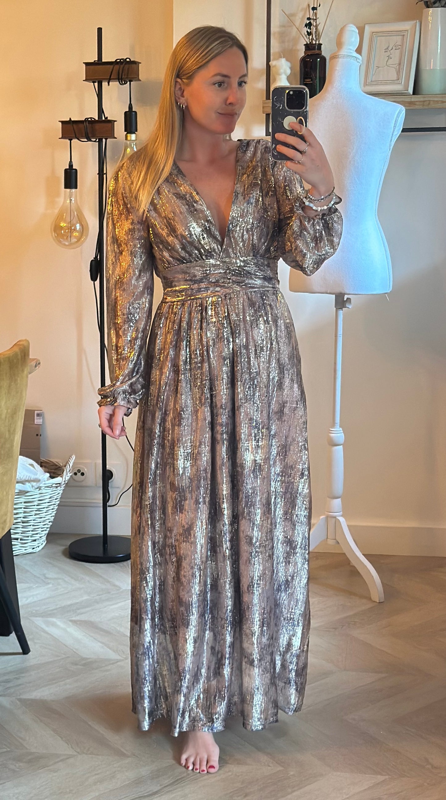 Robe longue irisée beige doré manches voile T.36/38