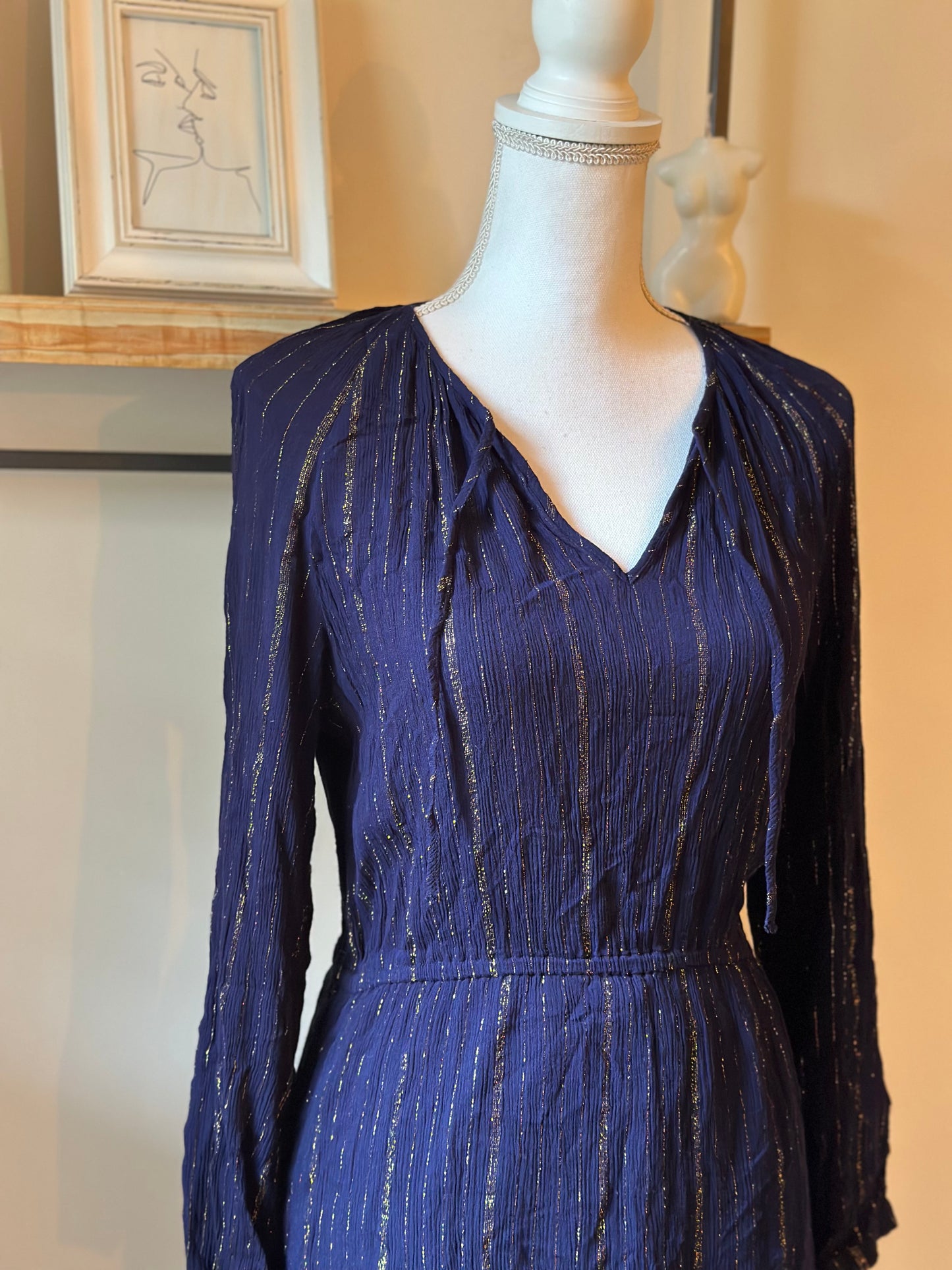 Robe midi fluide marine et lurex doré T.38