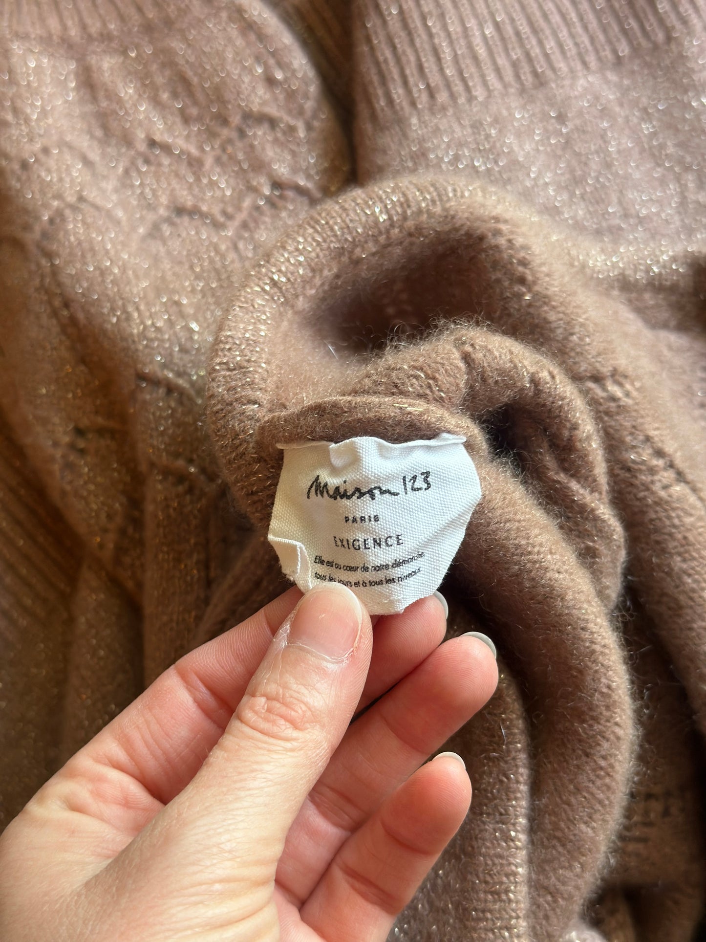 Gilet cardigan cachemire marron clair pailleté T.34