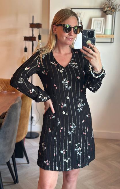 Robe noire fleurie rayée lurex T.36