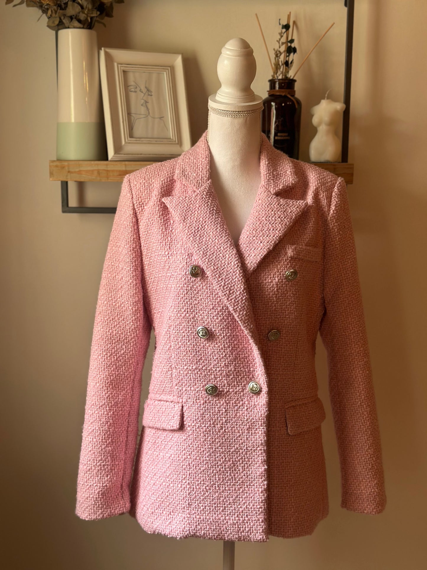Blazer tweed rose clair boutons croisés T.36