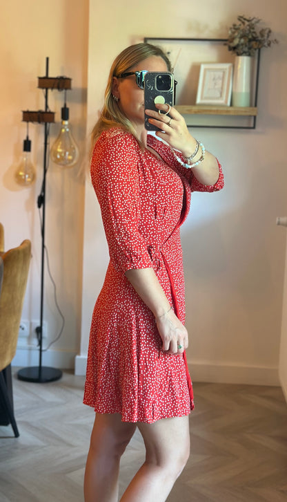 Robe portefeuille à pois rouge et blanc en viscose T.34
