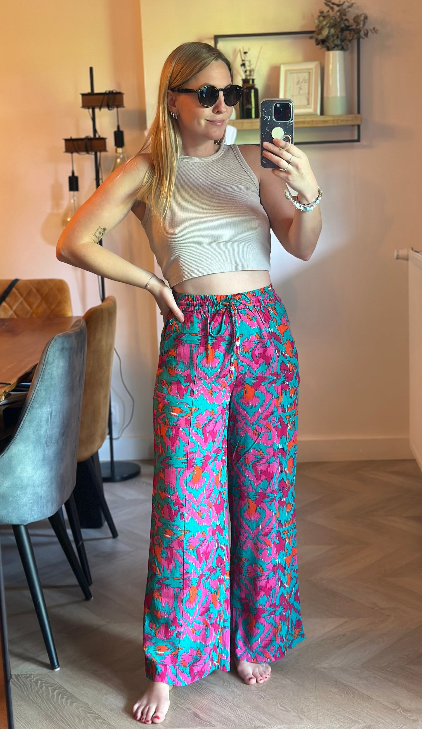 Pantalon fluide large imprimé rose et turquoise T.34 neuf