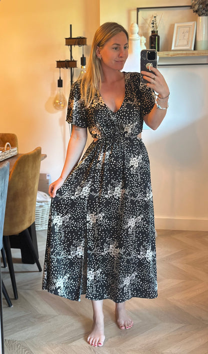 Robe longue imprimé fleuri noir et écru T.36/38